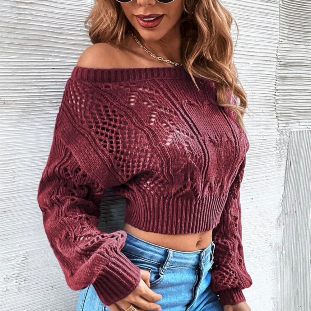 Off The Shoulder Pointelle Knit Crop Sweater - Picture 4 of 7